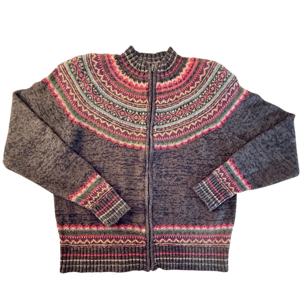 VTG Tiara International Women M Fair Isle Zip Up Mock Neck Sweater Knit Nordic